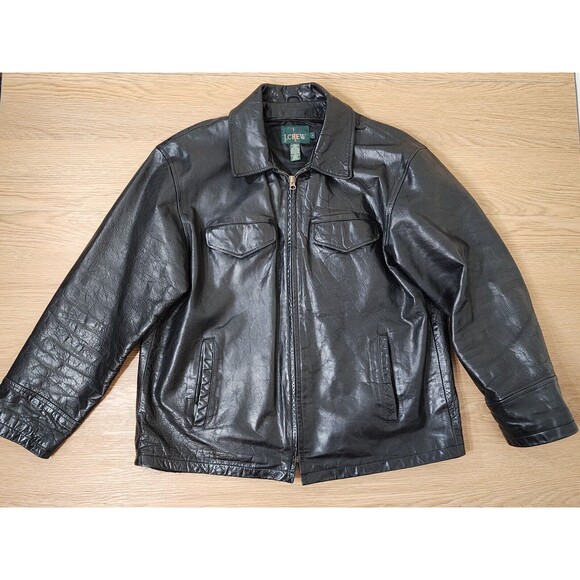 Vintage J Crew Jacket Mens Large Black Leather Full Zip Pockets